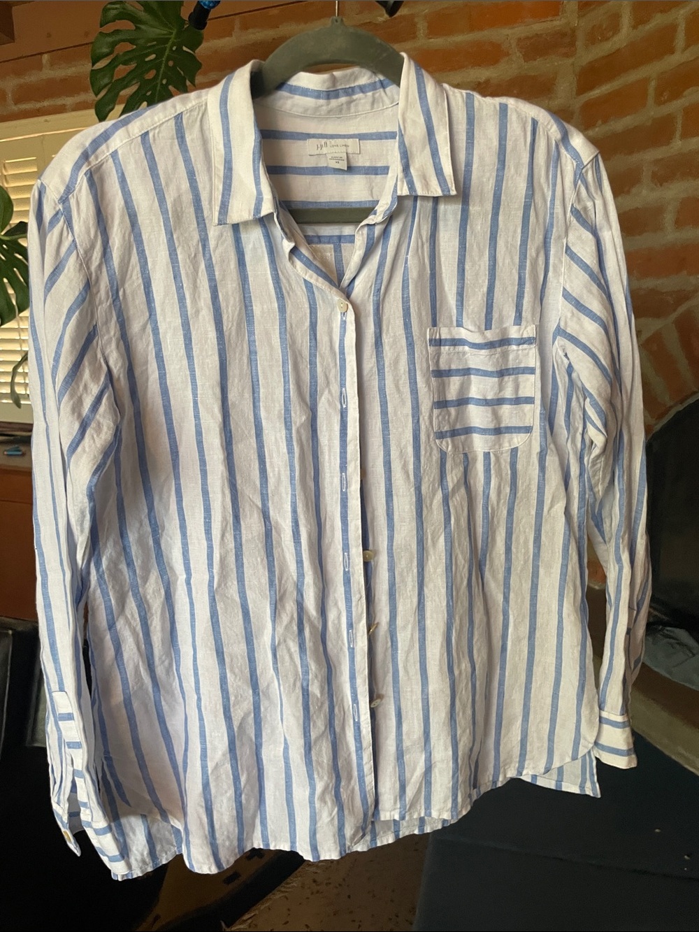J. Jill White and Light Blue Vertical Stripe Button-Down Blouse